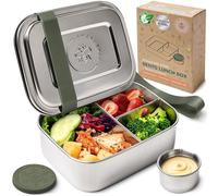 Everusely - Boîte à bento - Sauge - 0,8 L - Boîte à déjeuner en acier inoxydable avec récipient à condiments étanche - Organisateur de collations à 3 compartiments
