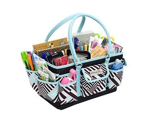 Everything Mary Sac de rangement géométrique bleu sarcelle de luxe - Sac de rangement pour travaux manuels, couture, papier, art, bureau, toile, fournitures avec poignées pour voyage