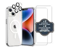 EVETANE Coque Anti-choc Magsafe compatible iPhone 14 Plus Transparente + 2 protections écran et 2 protections objectif caméra
