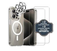 EVETANE Coque Anti-choc Magsafe compatible iPhone 15 Pro Transparente + 2 protections écran et 2 protections objectif caméra