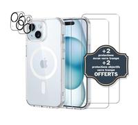 EVETANE Coque Anti-choc Magsafe compatible iPhone 15 Transparente + 2 protections écran et 2 protections objectif caméra
