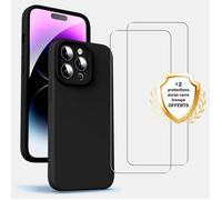 EVETANE Coque iPhone 15 Pro Silicone liquide Noire + 2 Vitres en Verre trempé Protection écran Antichocs