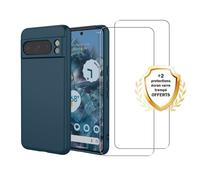 EVETANE Coque Google Pixel 8 Pro Silicone liquide Bleue + 2 Vitres en Verre trempé Protection écran Antichocs