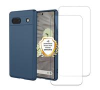 EVETANE Coque Google Pixel 7A Silicone liquide Bleue Marine + 2 Vitres en Verre trempe Protection ecran Antichocs