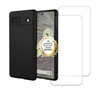 EVETANE Coque Google Pixel 7A Silicone liquide Noire + 2 Vitres en Verre trempe Protection ecran Antichocs