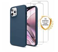 Coque iPhone 12/12 Pro Silicone Liquide Bleu Marine + 2 Vitres en Verre trempé Protection écran Antichocs