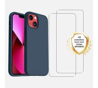 EVETANE Coque iPhone 13 Mini Silicone liquide Bleu Marine + 2 Vitres en Verre trempé Protection écran Antichocs