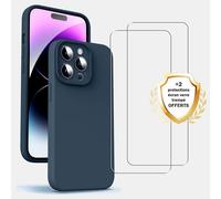 EVETANE Coque iPhone 14 Pro Silicone liquide Bleu Marine + 2 Vitres en Verre trempé Protection écran Antichocs