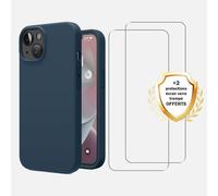 EVETANE Coque iPhone 14 Silicone liquide Bleu Marine + 2 Vitres en Verre trempé Protection écran Antichocs