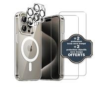 EVETANE Coque iPhone 15 Pro Antichoc compatible Magsafe + 2 Protections écran et 2 protections Objectif Caméra