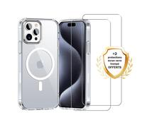 EVETANE Coque iPhone 15 Pro Max Transparente Compatible Magsafe + 2 Vitres Protection Ecran