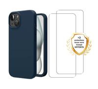 EVETANE Coque iPhone 15 Silicone liquide Bleue Marine + 2 Vitres en Verre trempé Protection écran Antichocs