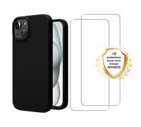 EVETANE Coque iPhone 15 Silicone liquide Noire + 2 Vitres en Verre trempé Protection écran Antichocs