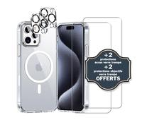 EVETANE Coque Magsafe compatible iPhone 15 Pro Max Transparente + 2 protections écran + 2 protections objectif caméra verre trempé