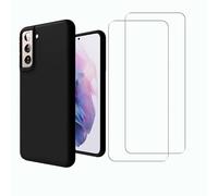 EVETANE Coque Samsung Galaxy S21 FE Silicone liquide Noire + 2 Vitres en Verre trempé Protection écran Antichocs