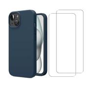 EVETANE Coque iPhone 15 Silicone liquide Bleue Marine + 2 Vitres en Verre trempé Protection écran Antichocs