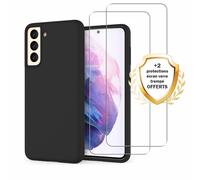 EVETANE Coque Samsung Galaxy S21 5G Noire Silicone liquide + 2 Vitres en Verre trempé Protection écran Antichocs