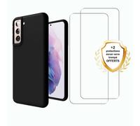 EVETANE Coque Samsung Galaxy S21 FE Silicone liquide Noire + 2 Vitres en Verre trempé Protection écran Antichocs