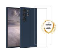 EVETANE Coque Samsung Galaxy S23 Ultra Silicone liquide Bleue Marine + 2 Vitres en Verre trempé Protection écran Antichocs