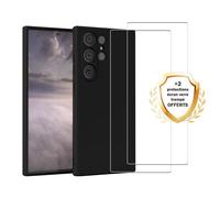 EVETANE Coque Samsung Galaxy S23 Ultra Silicone liquide Noire + 2 Vitres en Verre trempé Protection écran Antichocs