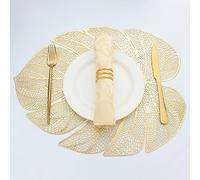 Evevda Lot de 6 sets de table en vinyle en forme de feuille pour table de salle à manger, set de table en plastique métallique facile à nettoyer, doré, 45 x 35 cm