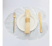 Evevda Lot de 8 sets de table en vinyle en forme de feuille pour table de salle à manger, set de table en plastique métallique facile à nettoyer, argenté, 45 x 35 cm
