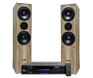 Evidence Acoustics Pack HiFi Home-Cinéma Enceintes Colonne 3 Voies + Ampli 7360 Bluetooth USB 1000W PMPO Chêne Clair