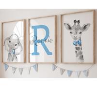 Eviepops Prints Animaux de Safari pour Chambre de Garçon Ensemble de 3 Affiches Non Encadrées, Nom Personnalisé, Décoration Murale avec Nœuds Papillon Colorés en Gris, Bleu, Jaune, Vert Cadeau (A3)