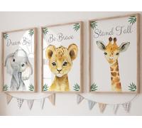 Eviepops Prints Ensemble Animaux Safari de 3 Impressions Sans Cadre pour Chambre d'enfant Fille ou Garçon, Décoration Chambre Posters Décoratifs Muraux, Eléphant Girafe Lion, Dream Big Stand Tall (A4)