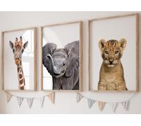 Eviepops Prints Ensemble Animaux Safari de 3 Impressions Sans Cadre pour Chambre d'enfant Fille ou Garçon, Décoration Chambre Posters Décoratifs Muraux, Eléphant Girafe Lion (A3)