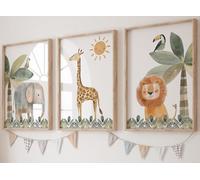 Eviepops Prints Ensemble Animaux Safari de 3 Impressions Sans Cadre pour Chambre d'enfant Fille ou Garçon, Décoration Chambre Posters Décoratifs Muraux, Eléphant Girafe Lion, Vert Jaune Marron (A4)