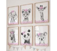 Eviepops Prints Ensemble Animaux Safari de 6 Impressions Sans Cadre pour Chambre d'enfant Fille, Décoration Chambre Posters Décoratifs Muraux, Eléphant Lion Girafe Zèbre Panda Koala, Rose Gris (A4)