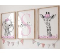 Eviepops Prints Ensemble Animaux Safari Non Encadré de 3 Impressions, Nom Personnalisé, Sans Cadre pour Chambre d’Enfant Fille, Décoration Murale avec Fleurs Roses et Violettes Éléphant, Lion (A4)
