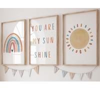 Eviepops Prints You Are My Sunshine, Lot de 3 impressions sans cadre, Décoration chambre d'enfant style arc-en-ciel, Paroles de comptines, Art de style bohème, soleil (A4)