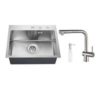 Évier 1 Bac 55x45x18,5CM + 7-Forme Robinet de Cuisine Rotatif à 360° Évier Brossé à Encastrer en Inox avec Distributeur de savon