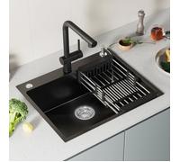 Évier 1 Bac - ANYCEE MAX - 50x45CM - Inox - Gris foncé - Panier égouttoir - Distributeur de savon - pour Armoire de 60 cm