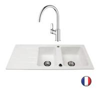 Evier 1 bac et demi 116 x 51 cm VILLEROY ET BOCH Architectura 8 Blanc + Robinet cuisine GROHE Bauloop