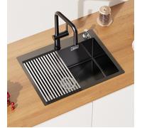 Évier 1 Bac - Inox - Gris-noir - 58x45x18CM - Distributeur de savon - Égouttoir pliable