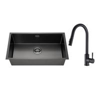 Évier 1 Bac Noir en Acier Inox avec Mitigeur Cuisine et Douchette Extractible - LONHEO - 74x44x20CM