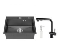 Évier 1 Bac Noir en Inox - AURALUM - 55x45x18,5CM - Robinet de Cuisine Rotatif à 360° - Distributeur de savon
