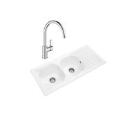 Evier 2 bacs VILLEROY ET BOCH Nestor Plus + Mitigeur cuisine bec haut GROHE Bauloop