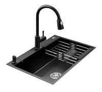 Évier à barre carrée noire - Évier de cuisine en acier inoxydable de 72 x 45 cm avec 3 trous, robinet extractible et accessoires, design épais pour cuisines modernes