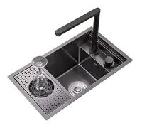 Évier à bol simple en acier inoxydable peu encombrant avec couvercle et robinet élévateur pour camping-car, cafés, restaurants et bars - Design moderne (noir, 58 x 32 x 23 cm)