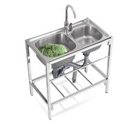 Évier à double cuve en acier inoxydable sur pied pour cuisine commerciale avec eau chaude et froide pour bars extérieurs Ga et buanderie