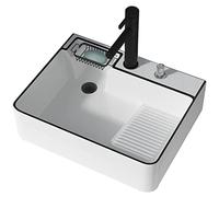 Évier À Lessive en Céramique Lavabo-Vasque De Salle De Bain Au-Dessus du Comptoir avec Planche À Laver Évier À Lessive Rectangulaire avec Robinet Et Vidange Escamotable