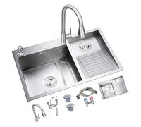 Évier à linge à double cuve en acier inoxydable avec planche à laver et robinet extractible - Facile à nettoyer, 60 x 48 x 22 cm, parfait pour la maison et la salle de bain.