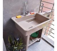 Évier à linge autonome avec planche à laver - Bassine de nettoyage en plastique durable pour salle de bain et cuisine avec kit de tuyau de vidange et robinet chaud/froid, parfait pour les garages et