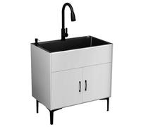 Évier à linge autonome en acier inoxydable avec armoire, robinet rétractable robuste et filtre à panier pour buanderie