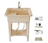 Évier à Linge Autoportant avec Robinet et Tuyau D'évacuation, Évier à Linge en Plastique Autoportant avec Planche à Laver, pour Buanderie, Jardin, Garage, Beige(52x32x69cm/20.5x12.5X27in)