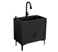 Évier à linge autoportant moderne en acier inoxydable noir avec armoire 50 x 40 x 78 cm à 3 trous avec panier à 3 trous, capacité de charge de 100 kg, idéal pour la buanderie